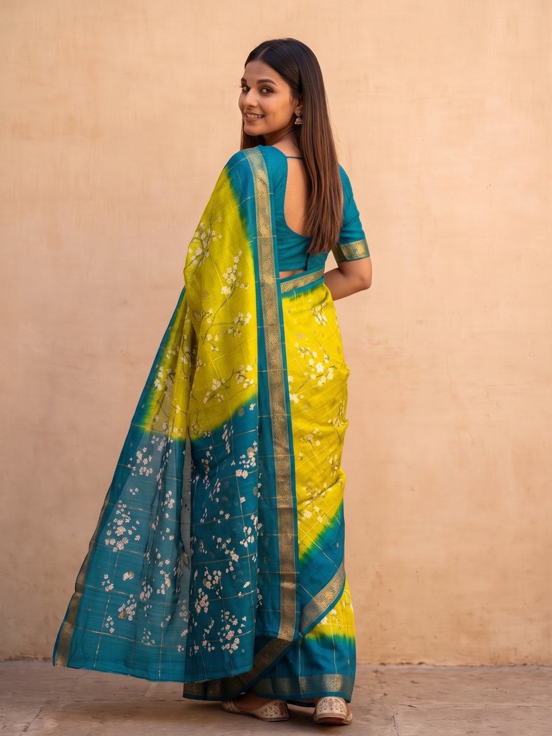 Peachmode Yellow Soft Cotton Chex Butti Zari Jacquard Saree With Silky Floral Print - Image 2