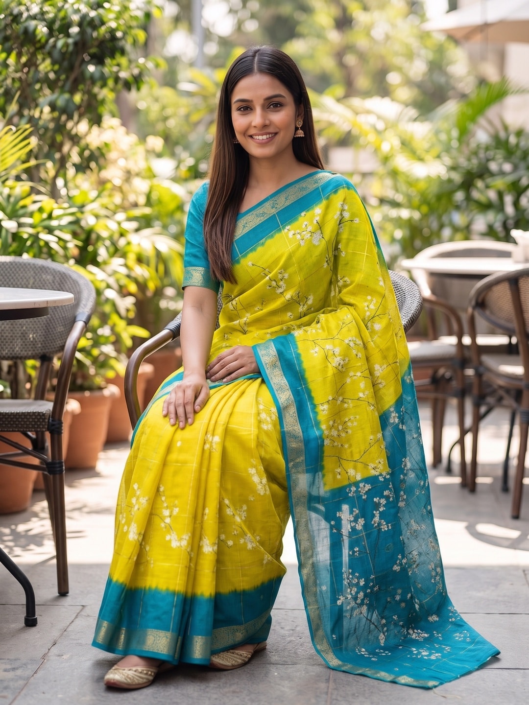 Peachmode Yellow Soft Cotton Chex Butti Zari Jacquard Saree With Silky Floral Print - Image 4