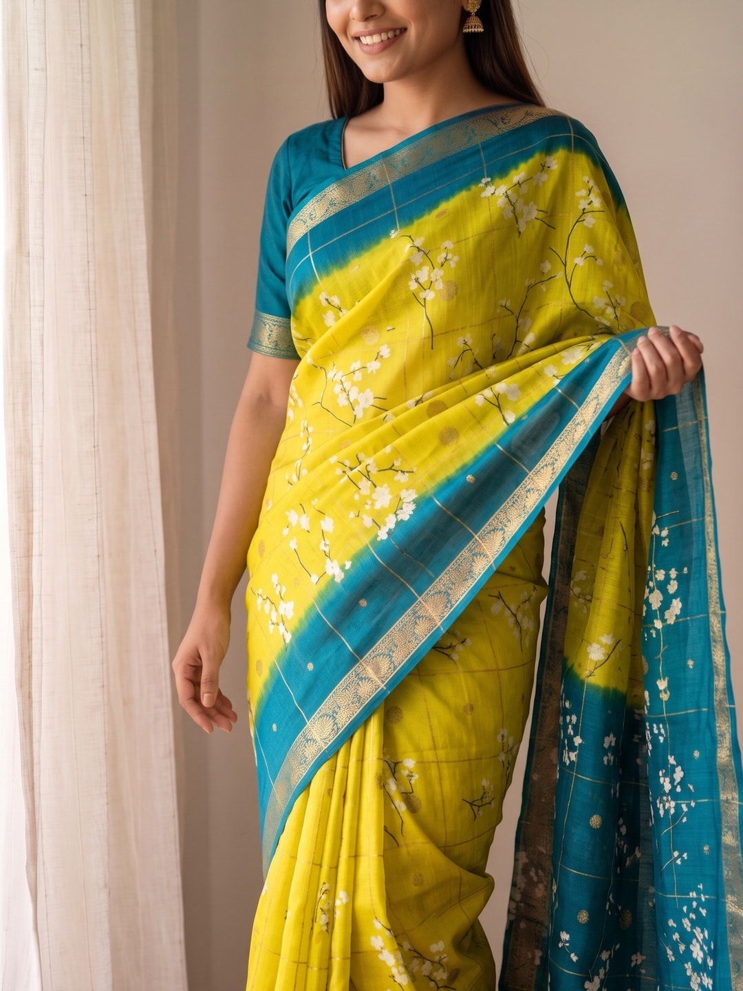 Peachmode Yellow Soft Cotton Chex Butti Zari Jacquard Saree With Silky Floral Print - Image 5