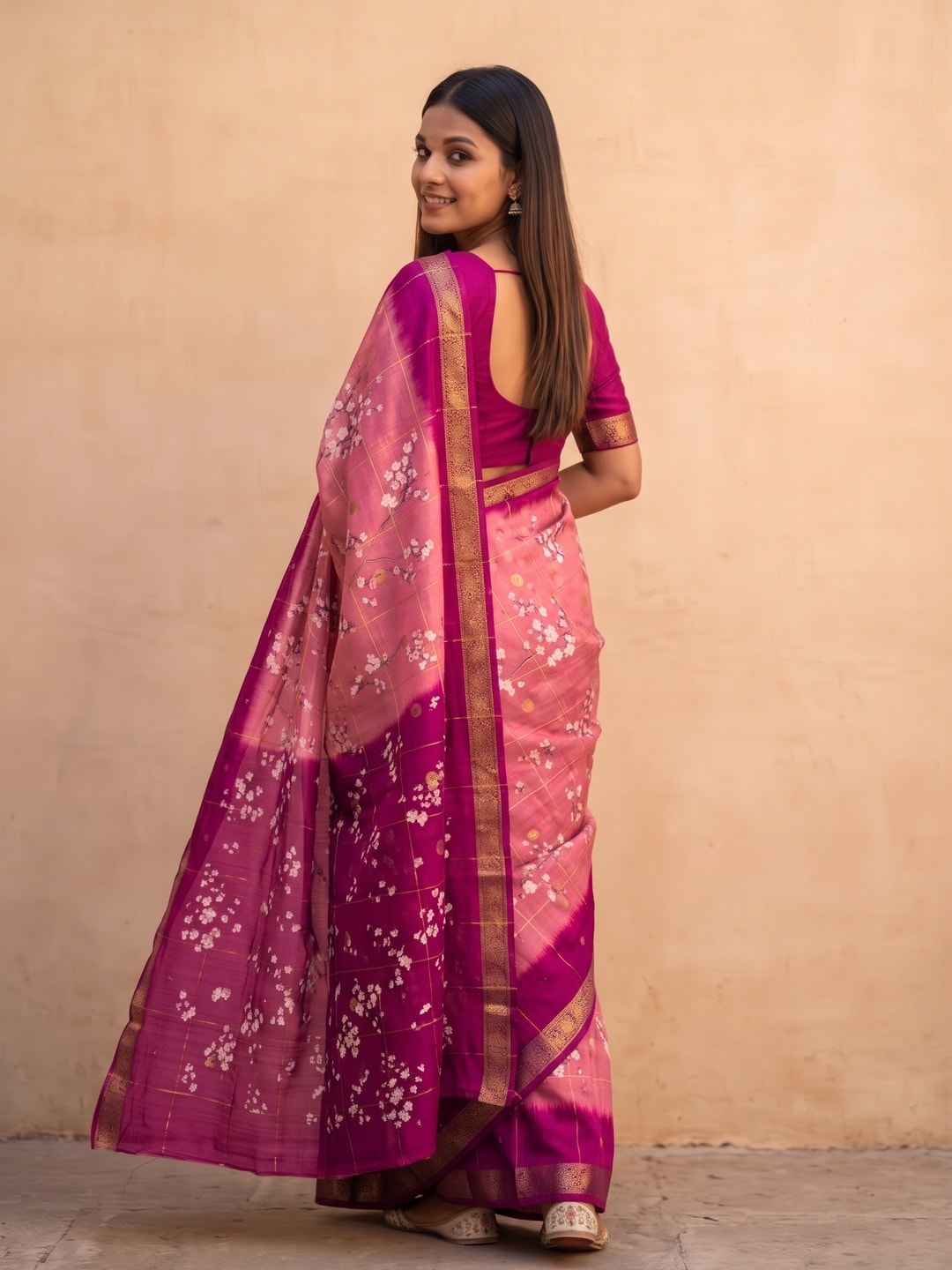 Peachmode Pink Soft Cotton Chex Butti Zari Jacquard Saree With Silky Floral Print - Image 2