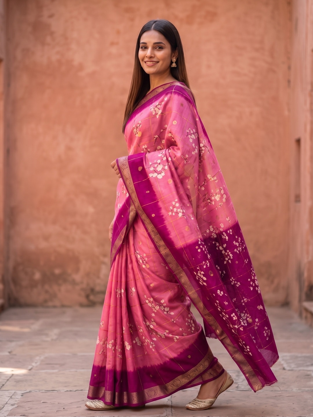 Peachmode Pink Soft Cotton Chex Butti Zari Jacquard Saree With Silky Floral Print - Image 3