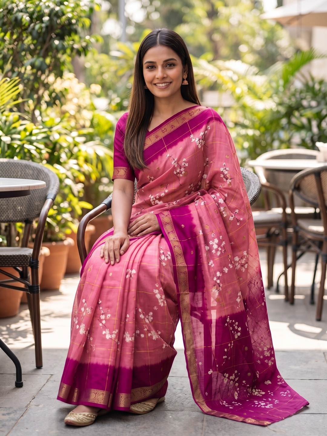 Peachmode Pink Soft Cotton Chex Butti Zari Jacquard Saree With Silky Floral Print - Image 4