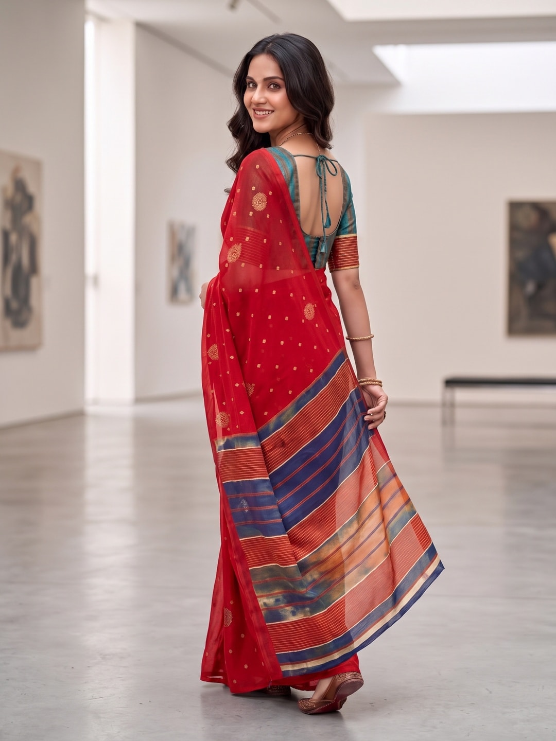 Peachmode Red Soft Moss Georgette Saree With Semi Digital Palav Design And Foil Print - Image 2