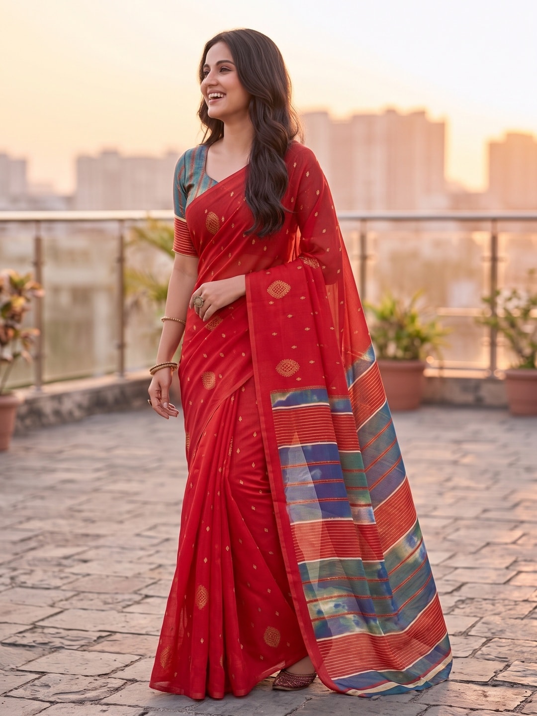 Peachmode Red Soft Moss Georgette Saree With Semi Digital Palav Design And Foil Print - Image 3