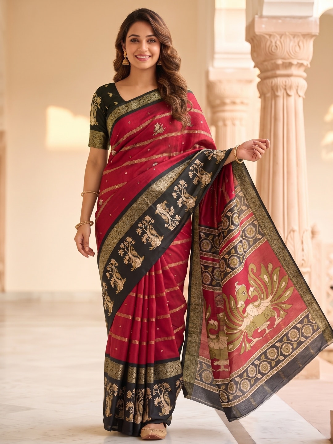 Peachmode Red Soft Cotton Bentex Zari Jacquard Saree With Kalamkari Peacock Design - Image 1