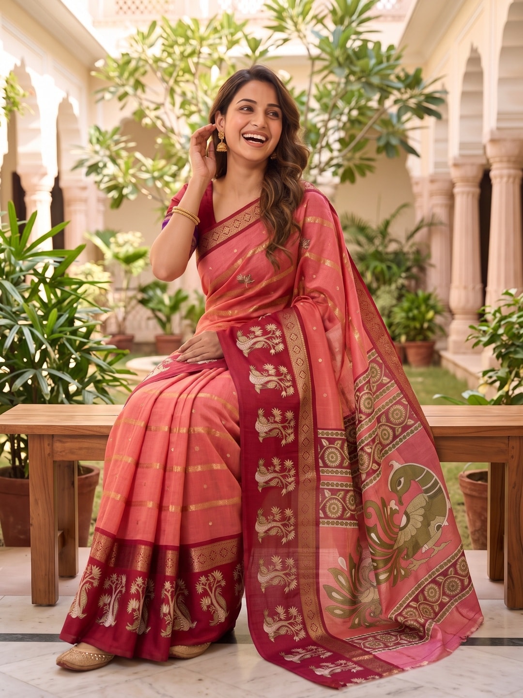 Peachmode Coral Soft Cotton Bentex Zari Jacquard Saree With Kalamkari Peacock Design - Image 4