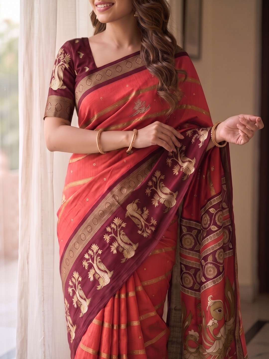 Peachmode Coral Soft Cotton Bentex Zari Jacquard Saree With Kalamkari Peacock Design - Image 5