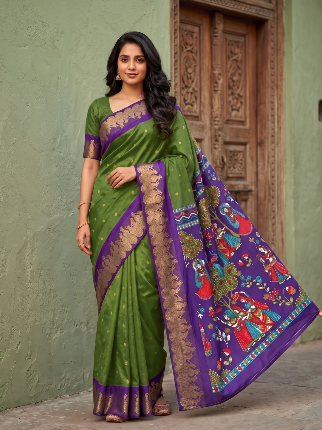 Peachmode Green Soft Cotton Zari Jacquard Saree With Temple Border And Kalamkari Pallu - Image 1