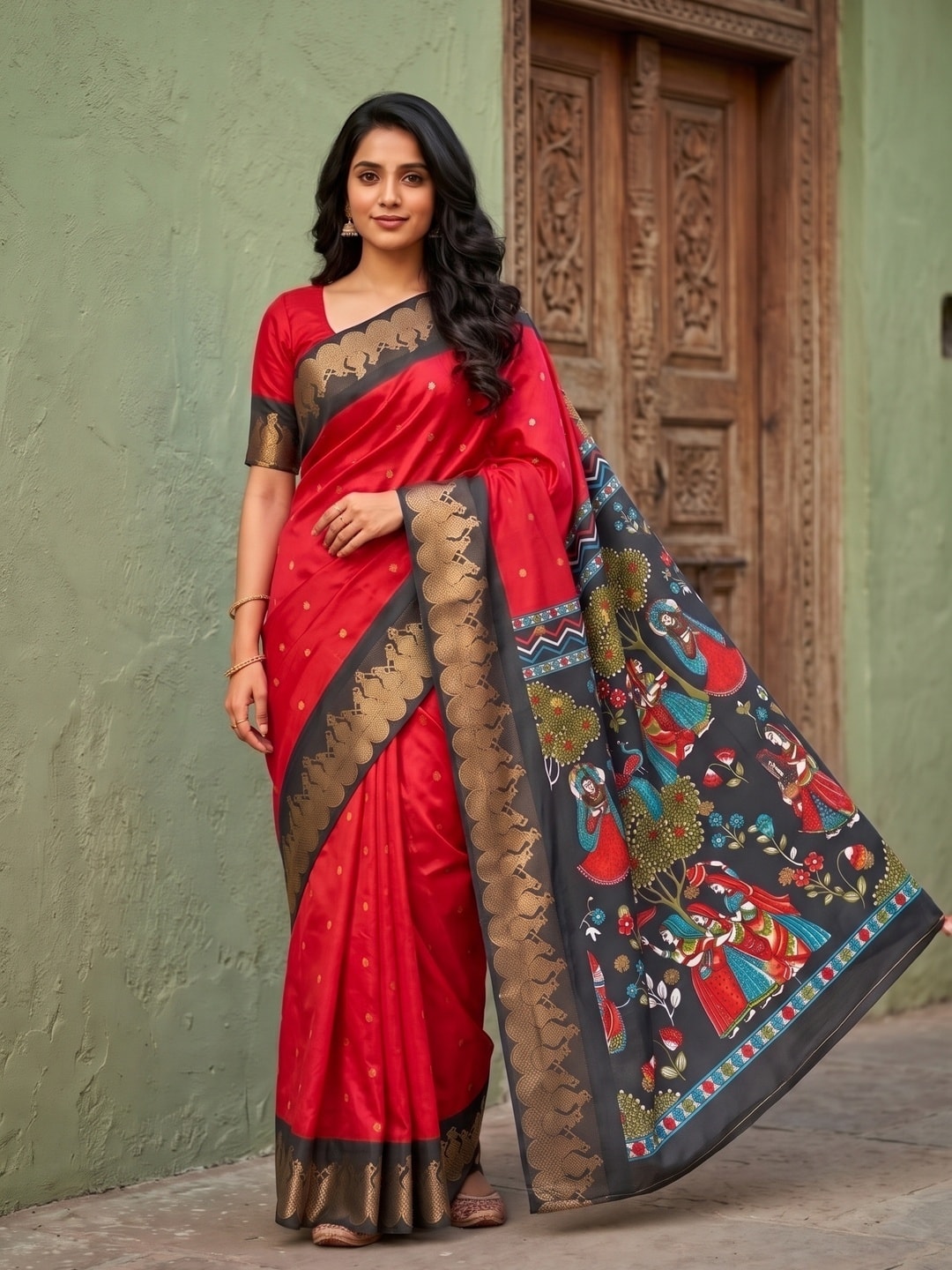 Peachmode Red Soft Cotton Zari Jacquard Saree With Temple Border And Kalamkari Pallu - Image 1