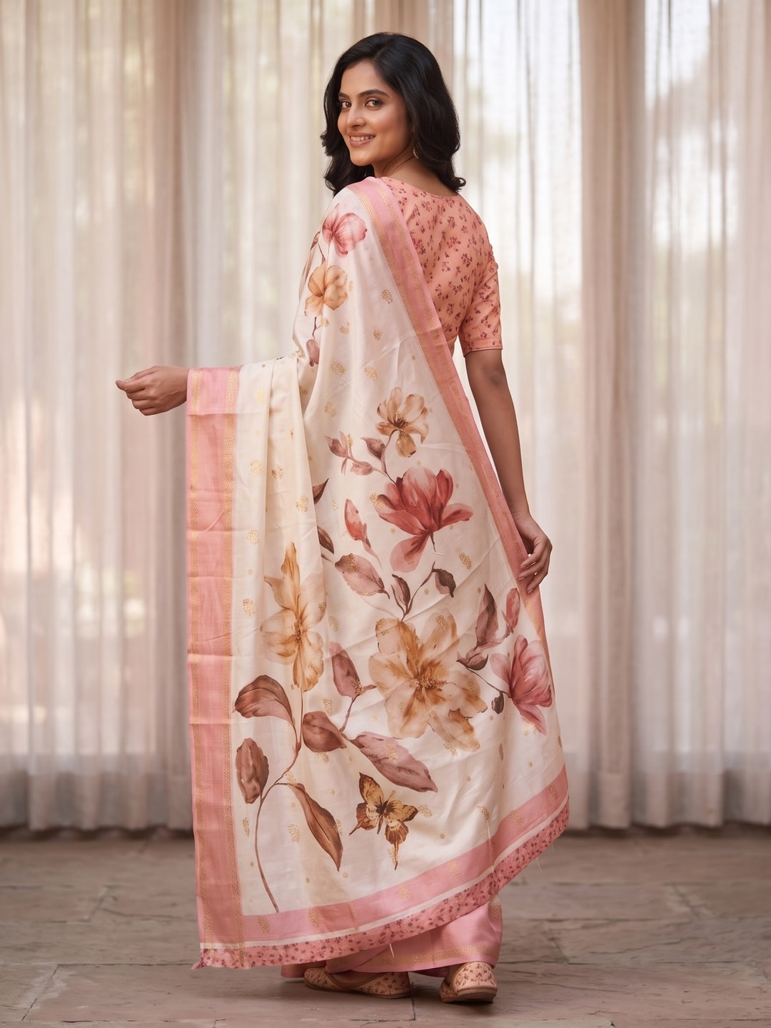 Peachmode Cream Soft Cotton Weaving Butti Zari Jacquard Saree With Fancy Floral Design - Image 2