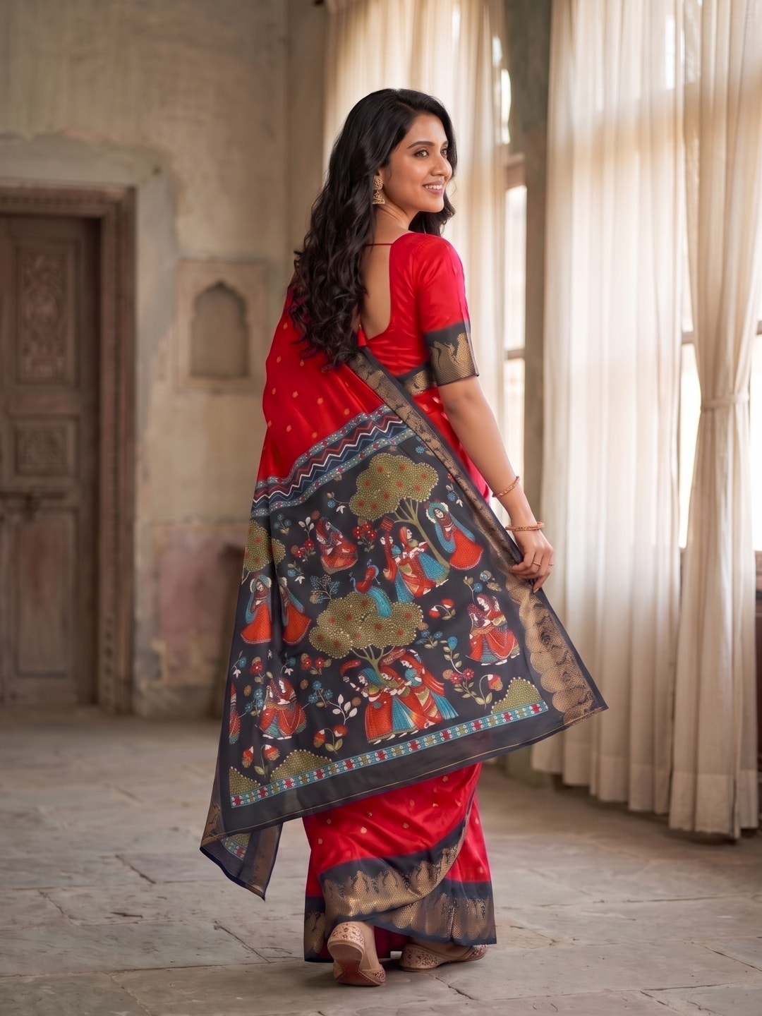 Peachmode Red Soft Cotton Zari Jacquard Saree With Temple Border And Kalamkari Pallu - Image 2