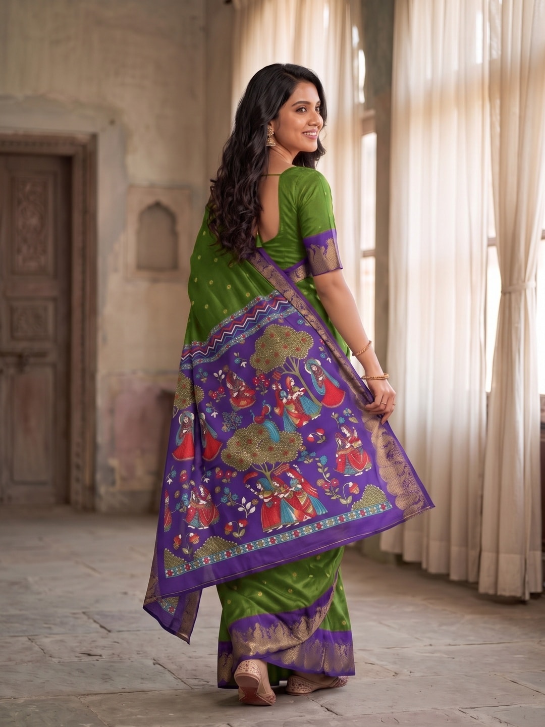 Peachmode Green Soft Cotton Zari Jacquard Saree With Temple Border And Kalamkari Pallu - Image 2