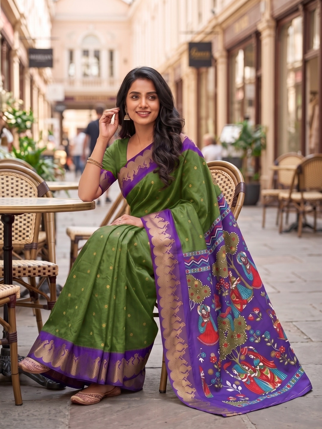 Peachmode Green Soft Cotton Zari Jacquard Saree With Temple Border And Kalamkari Pallu - Image 4