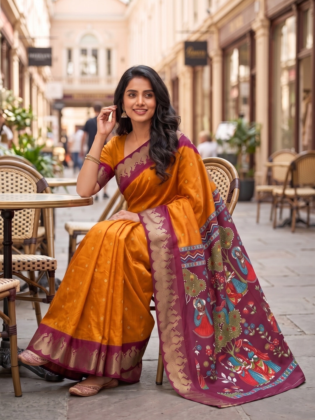 Peachmode Mustard Soft Cotton Zari Jacquard Saree With Temple Border And Kalamkari Pallu - Image 4
