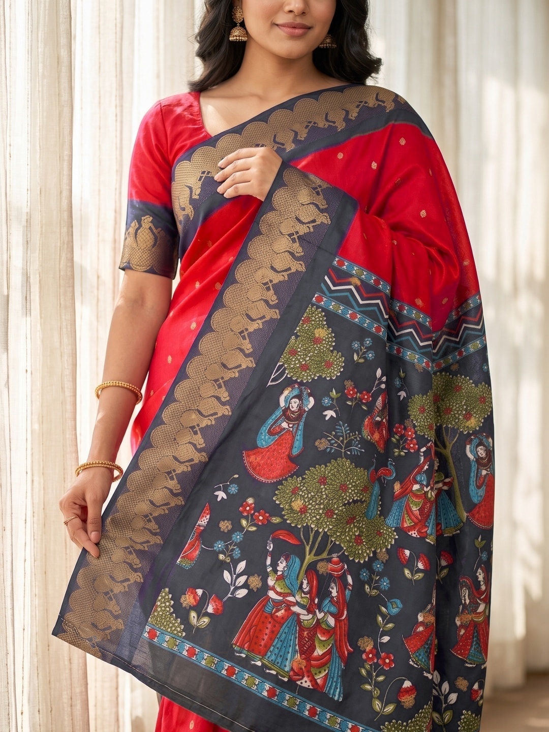 Peachmode Red Soft Cotton Zari Jacquard Saree With Temple Border And Kalamkari Pallu - Image 5
