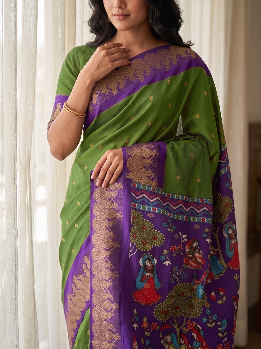 Peachmode Green Soft Cotton Zari Jacquard Saree With Temple Border And Kalamkari Pallu - Image 5