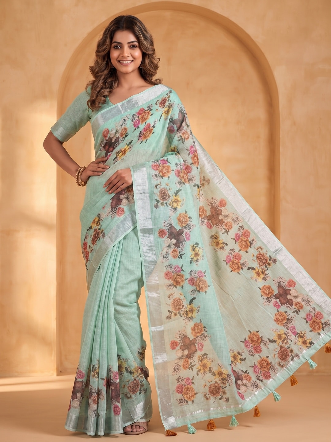 Peachmode Mint Pure Linen Weave Saree With Chennur Cotton Print And Thread Mirror Work With Tassels - Image 1