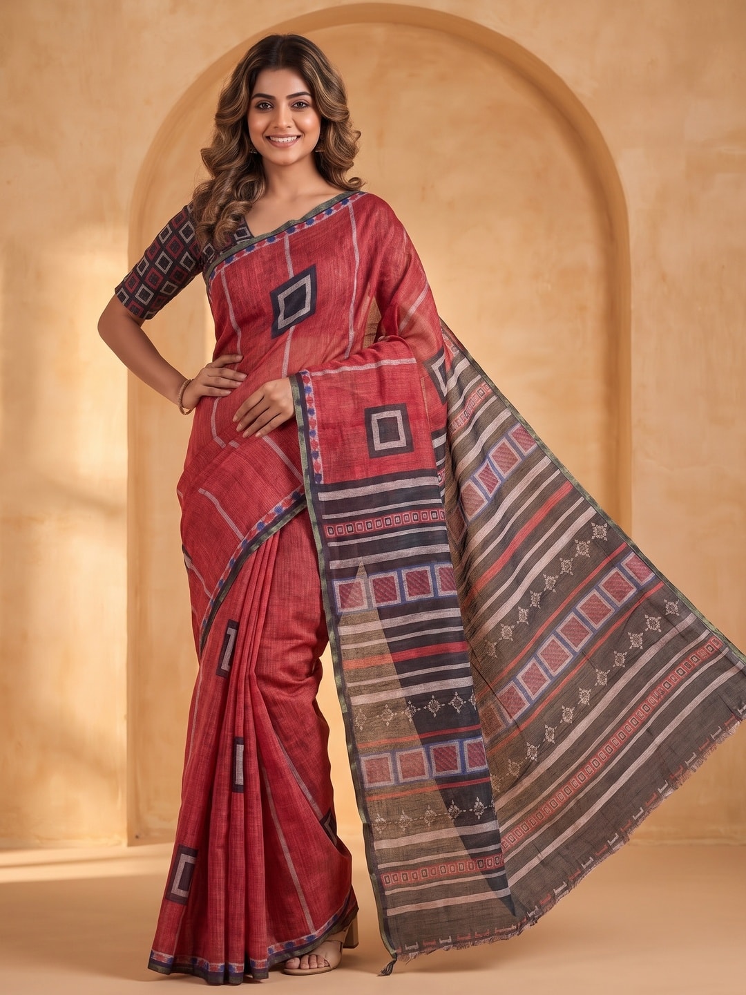 Peachmode Red Pure Linen Weave Saree With Chennur Cotton Print And Thread Mirror Work With Tassels - Image 1