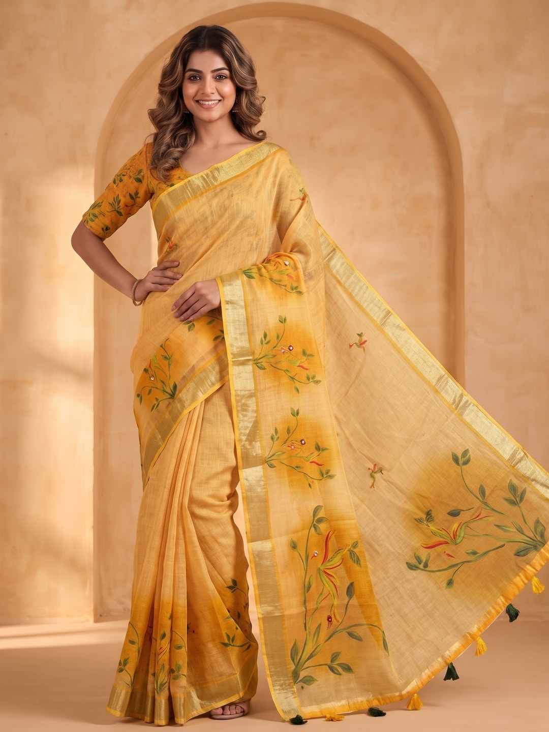 Peachmode Yellow Pure Linen Weave Saree With Chennur Cotton Print And Thread Mirror Work With Tassels - Image 1