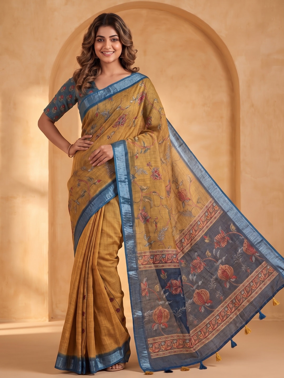 Peachmode Mustard Pure Linen Weave Saree With Chennur Cotton Print And Thread Mirror Work With Tassels - Image 1