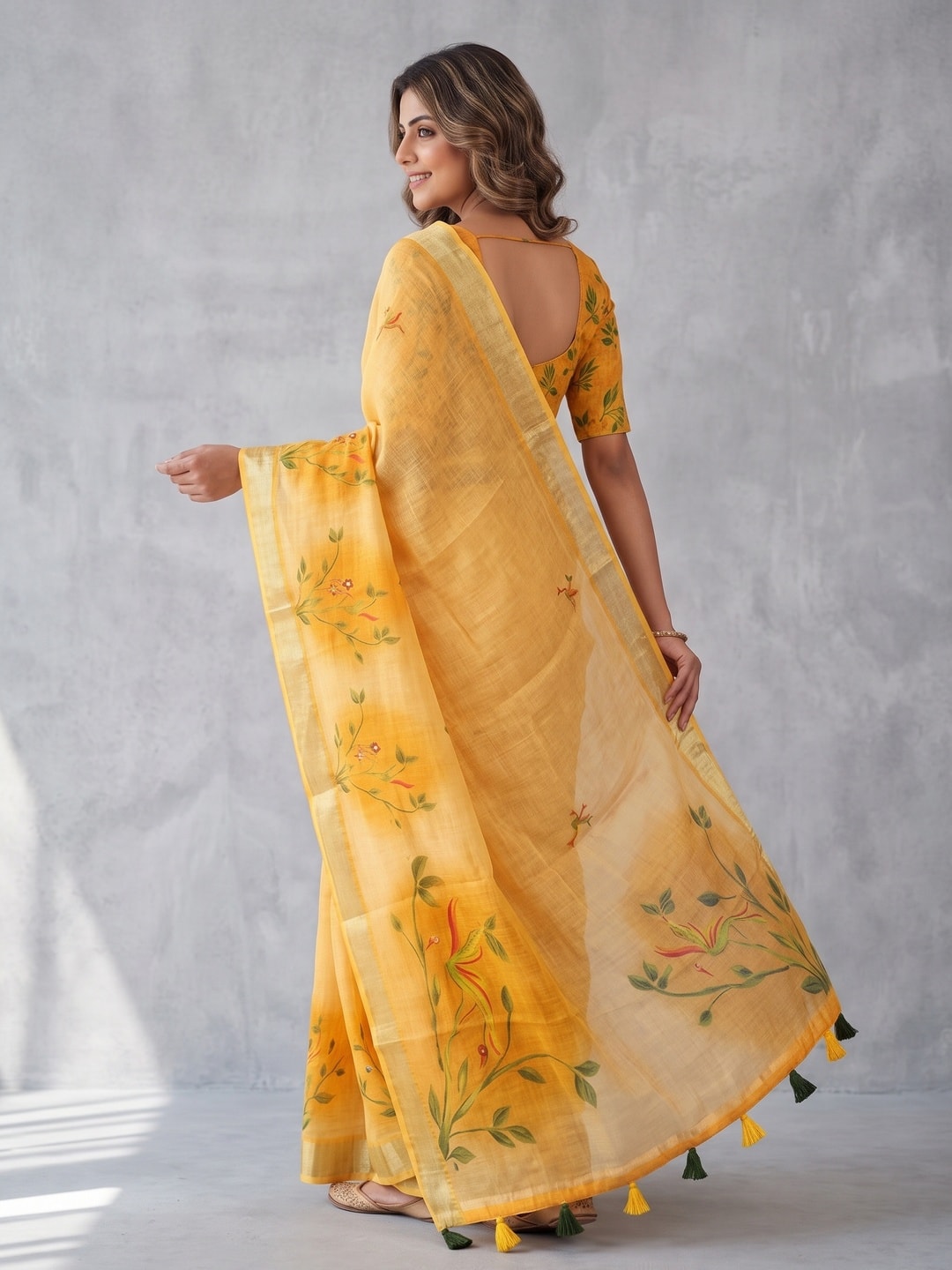 Peachmode Yellow Pure Linen Weave Saree With Chennur Cotton Print And Thread Mirror Work With Tassels - Image 2