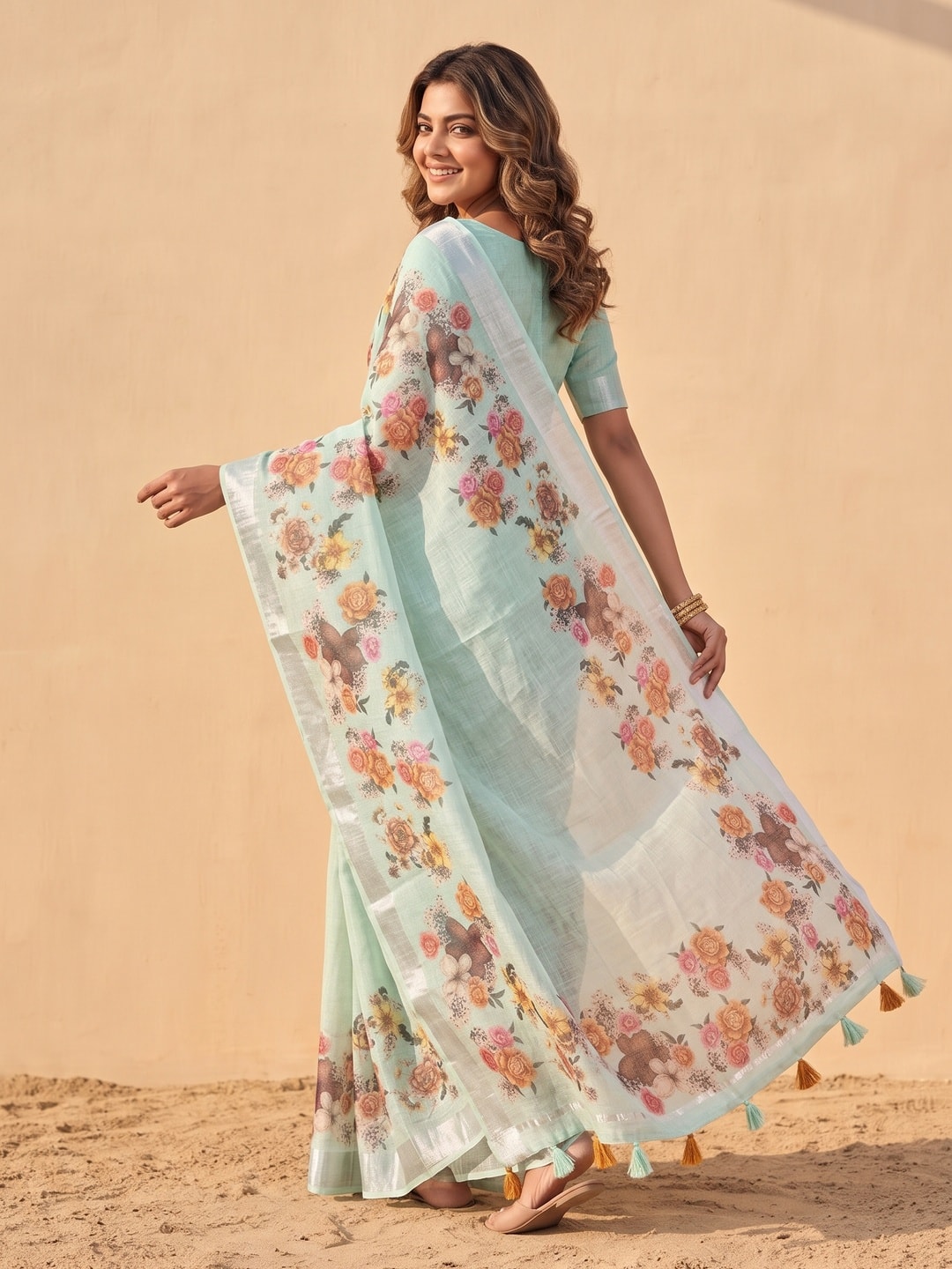 Peachmode Mint Pure Linen Weave Saree With Chennur Cotton Print And Thread Mirror Work With Tassels - Image 2