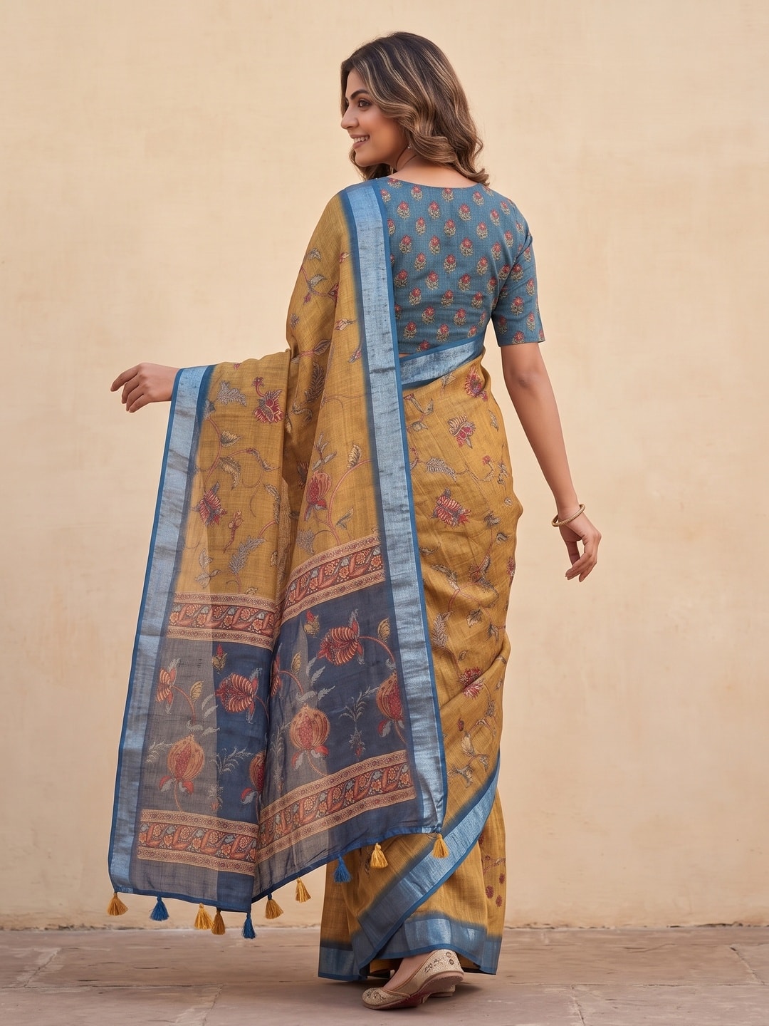 Peachmode Mustard Pure Linen Weave Saree With Chennur Cotton Print And Thread Mirror Work With Tassels - Image 2