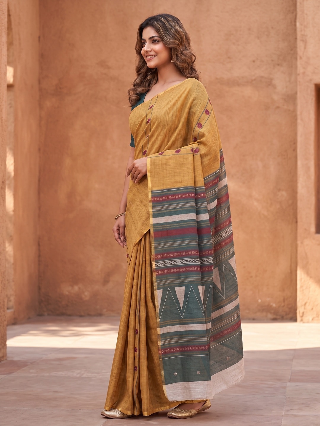 Peachmode Gold Pure Linen Weave Saree With Chennur Cotton Print And Thread Mirror Work With Tassels - Image 3