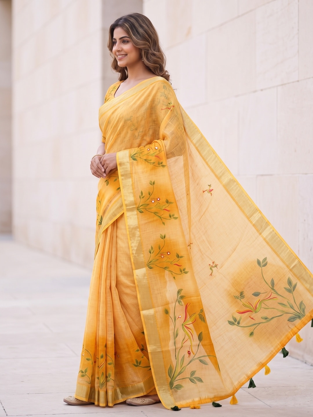 Peachmode Yellow Pure Linen Weave Saree With Chennur Cotton Print And Thread Mirror Work With Tassels - Image 3