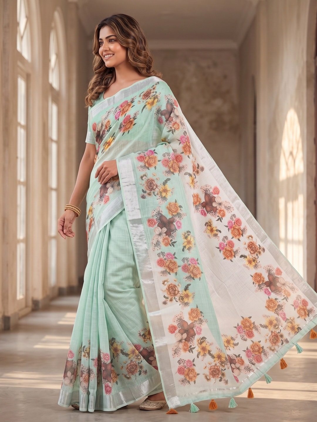 Peachmode Mint Pure Linen Weave Saree With Chennur Cotton Print And Thread Mirror Work With Tassels - Image 3