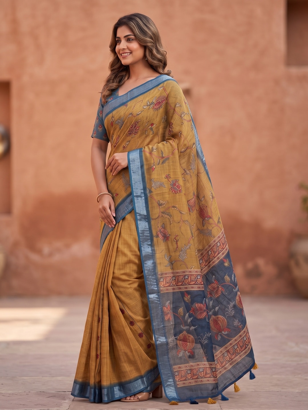 Peachmode Mustard Pure Linen Weave Saree With Chennur Cotton Print And Thread Mirror Work With Tassels - Image 3
