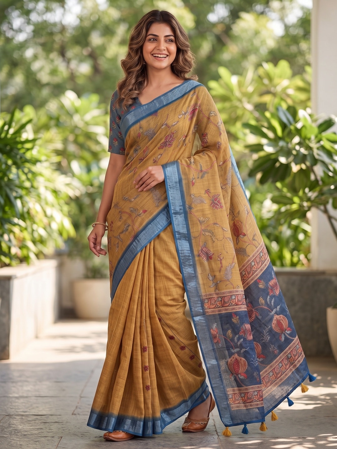 Peachmode Mustard Pure Linen Weave Saree With Chennur Cotton Print And Thread Mirror Work With Tassels - Image 4
