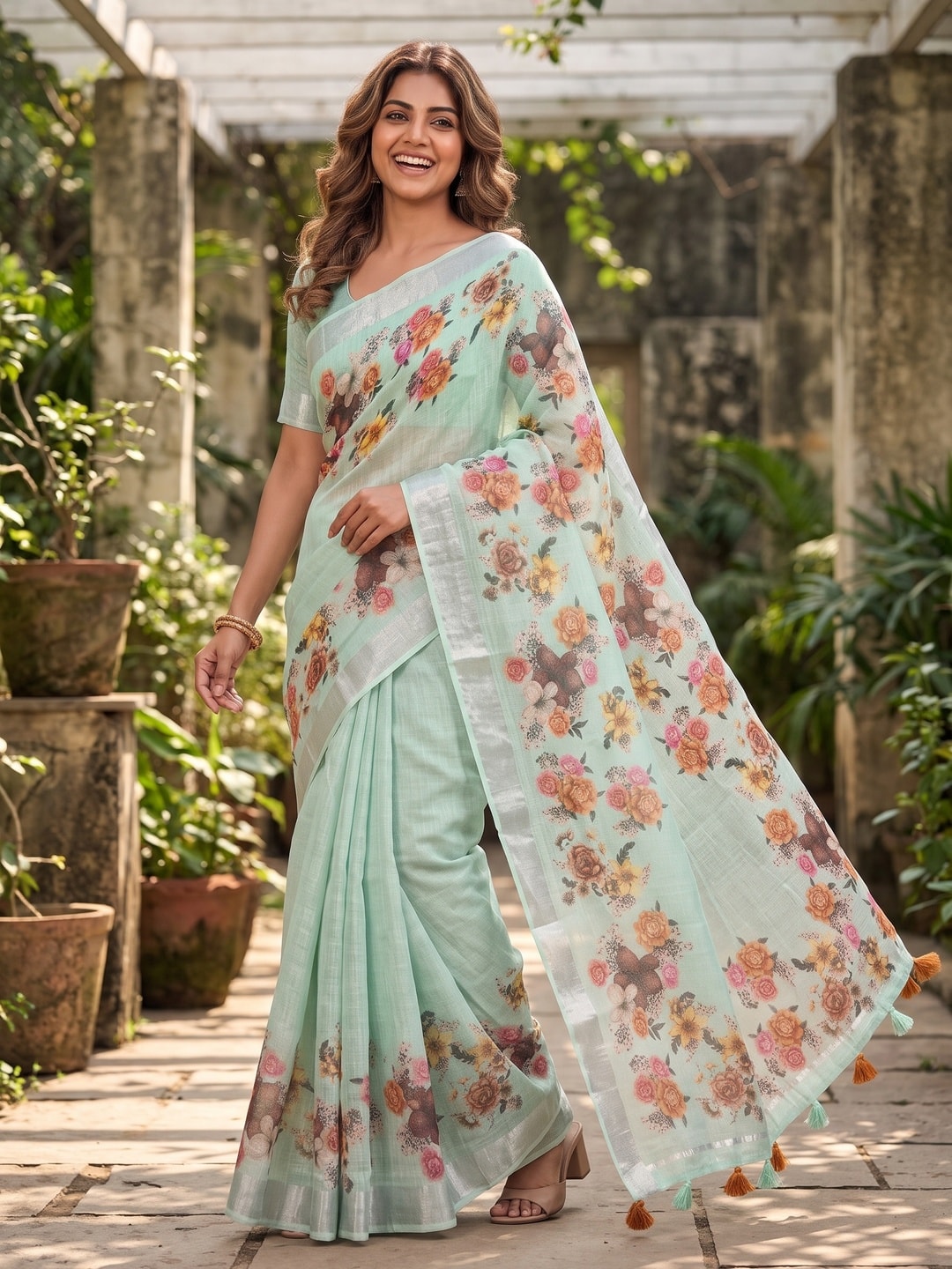 Peachmode Mint Pure Linen Weave Saree With Chennur Cotton Print And Thread Mirror Work With Tassels - Image 4