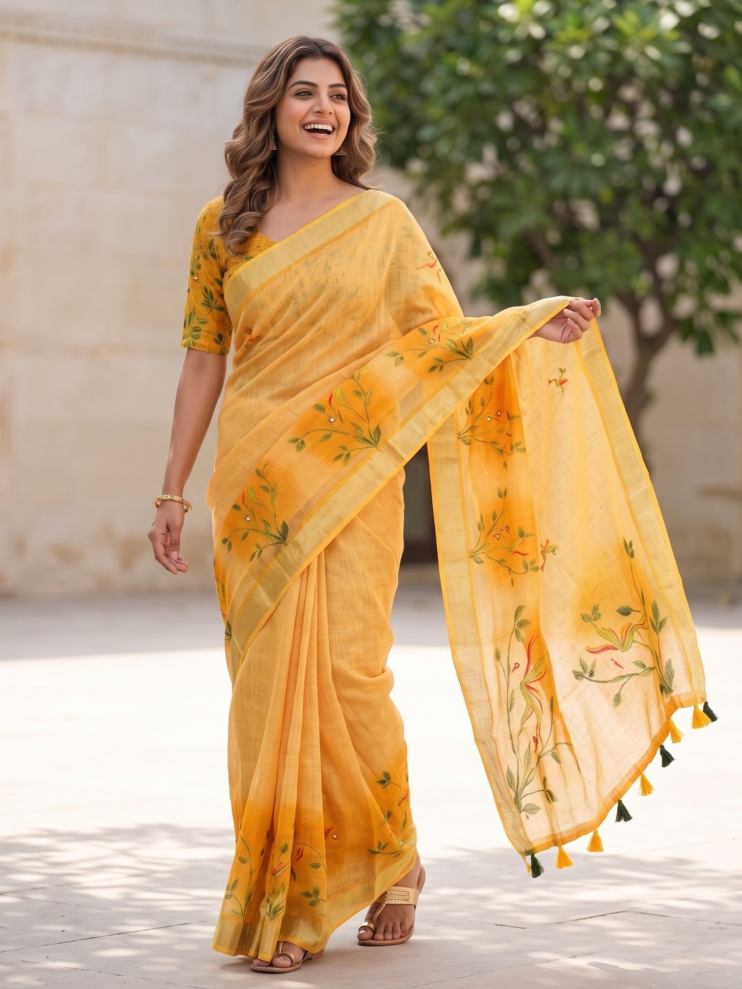 Peachmode Yellow Pure Linen Weave Saree With Chennur Cotton Print And Thread Mirror Work With Tassels - Image 4
