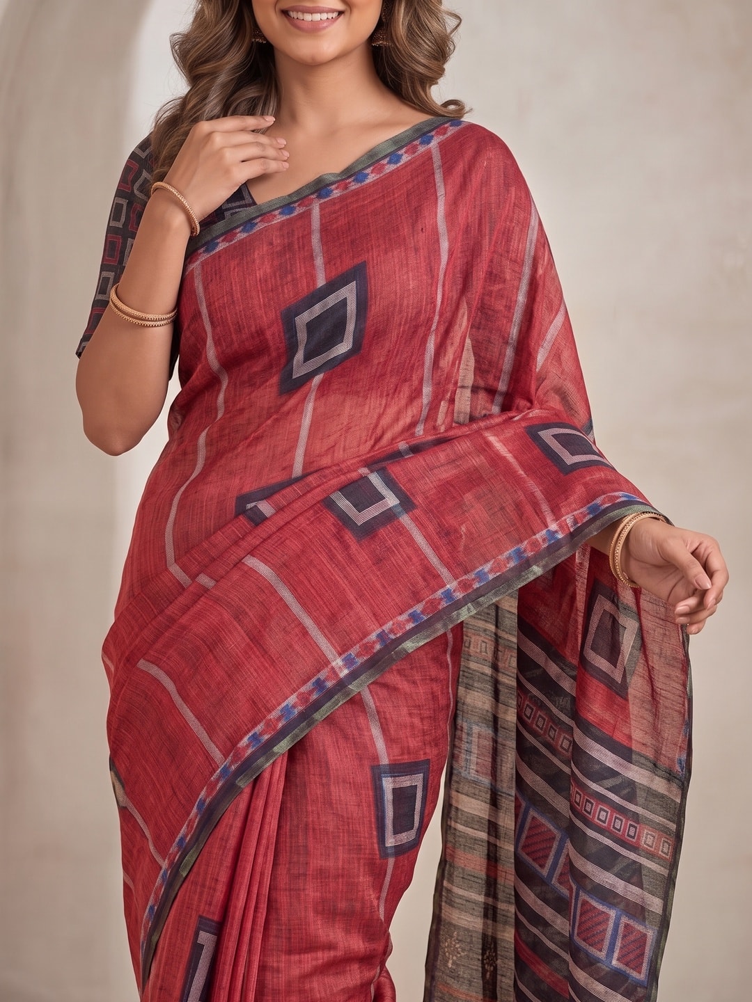 Peachmode Red Pure Linen Weave Saree With Chennur Cotton Print And Thread Mirror Work With Tassels - Image 5