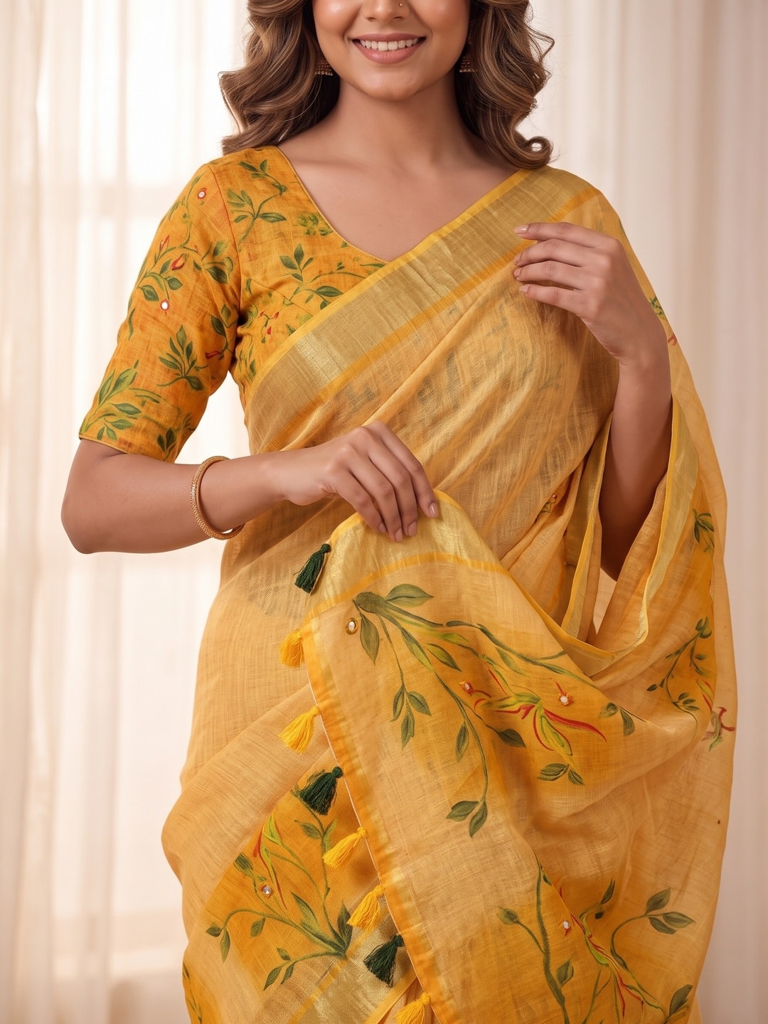 Peachmode Yellow Pure Linen Weave Saree With Chennur Cotton Print And Thread Mirror Work With Tassels - Image 5