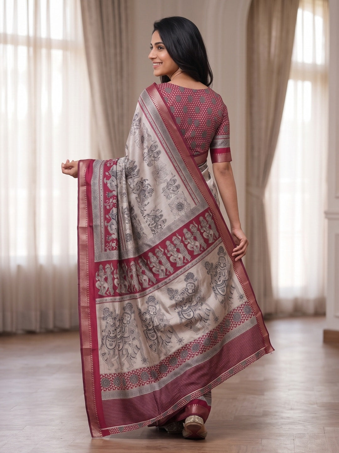Peachmode Red Maheshwari Silk Viscose Printed Saree With Zari Border And Kalamkari Pallu - Image 2