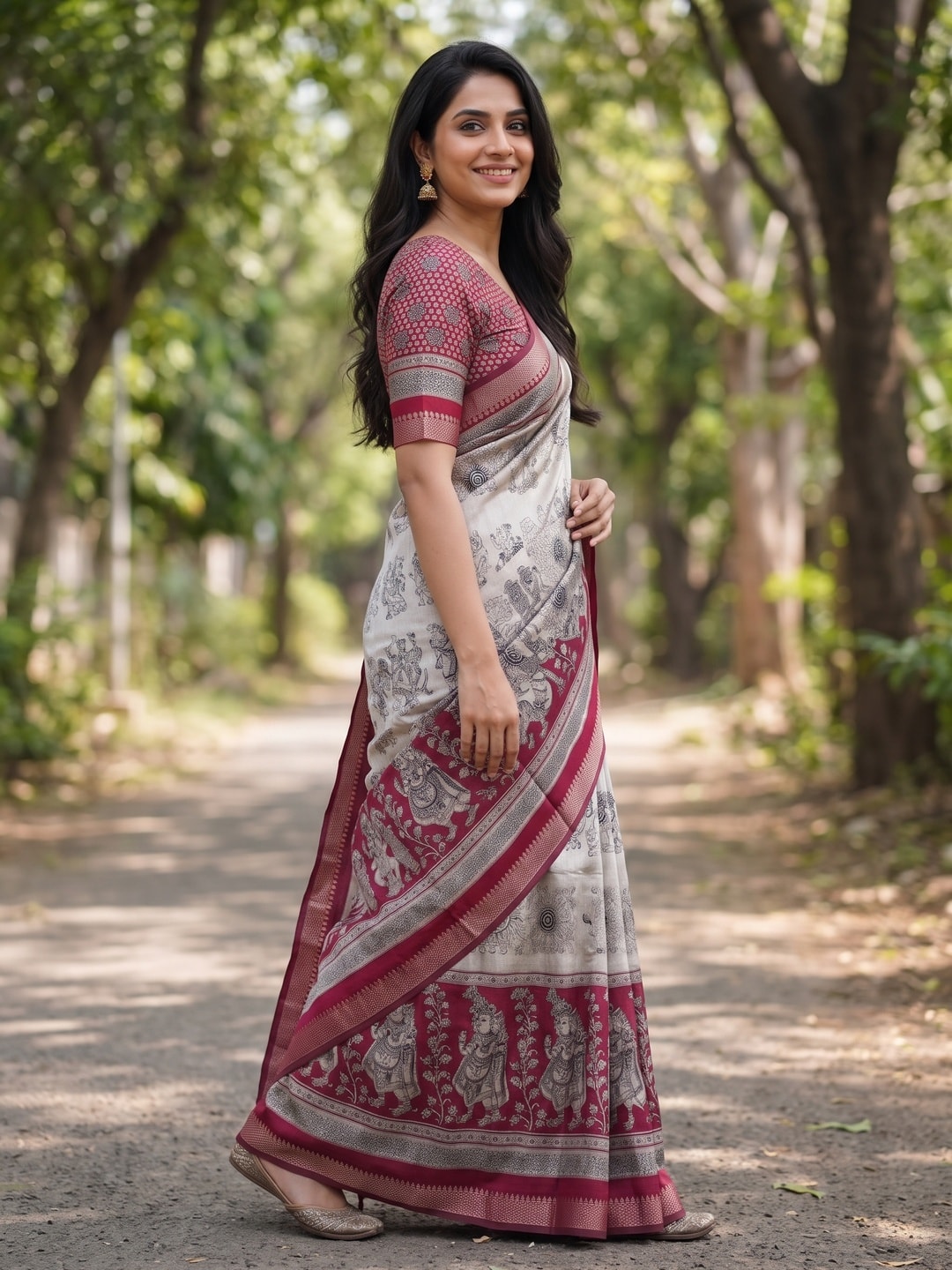 Peachmode Red Maheshwari Silk Viscose Printed Saree With Zari Border And Kalamkari Pallu - Image 3