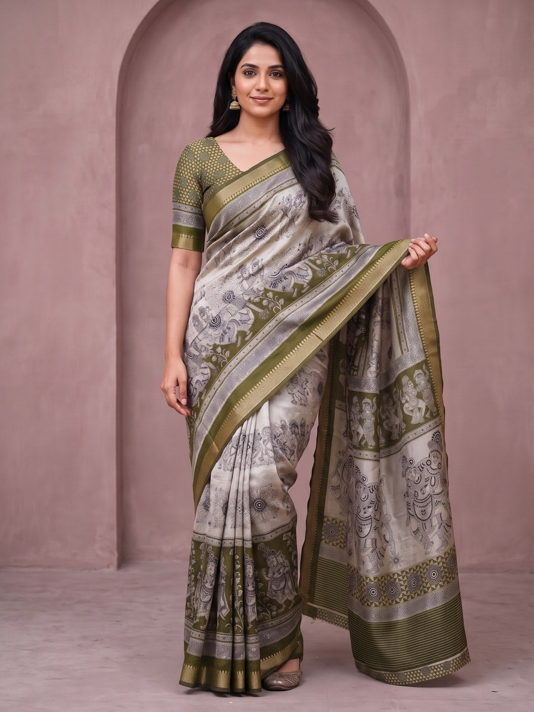 Peachmode Olive Green Maheshwari Silk Viscose Printed Saree With Zari Border And Kalamkari Pallu - Image 1
