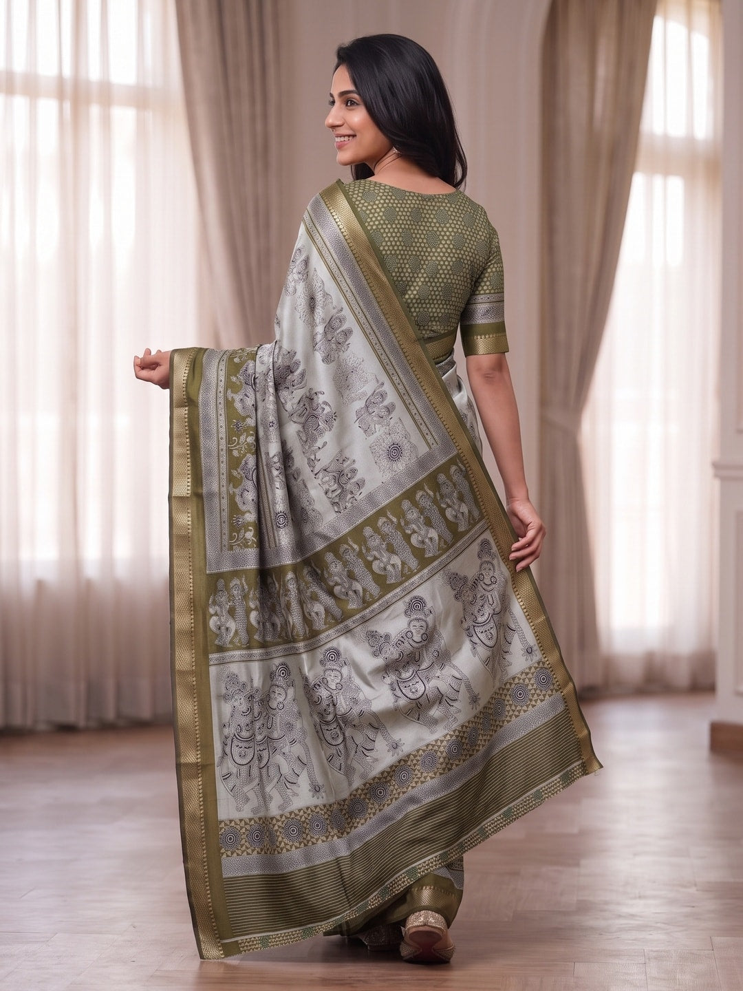 Peachmode Olive Green Maheshwari Silk Viscose Printed Saree With Zari Border And Kalamkari Pallu - Image 2