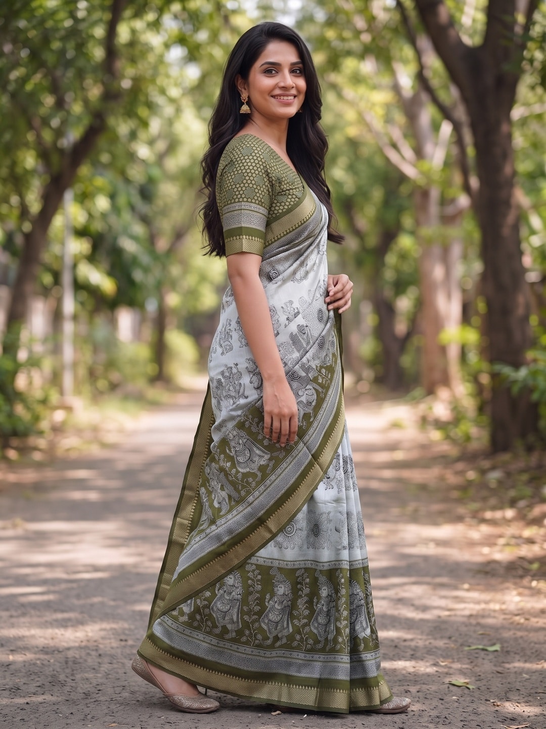 Peachmode Olive Green Maheshwari Silk Viscose Printed Saree With Zari Border And Kalamkari Pallu - Image 3