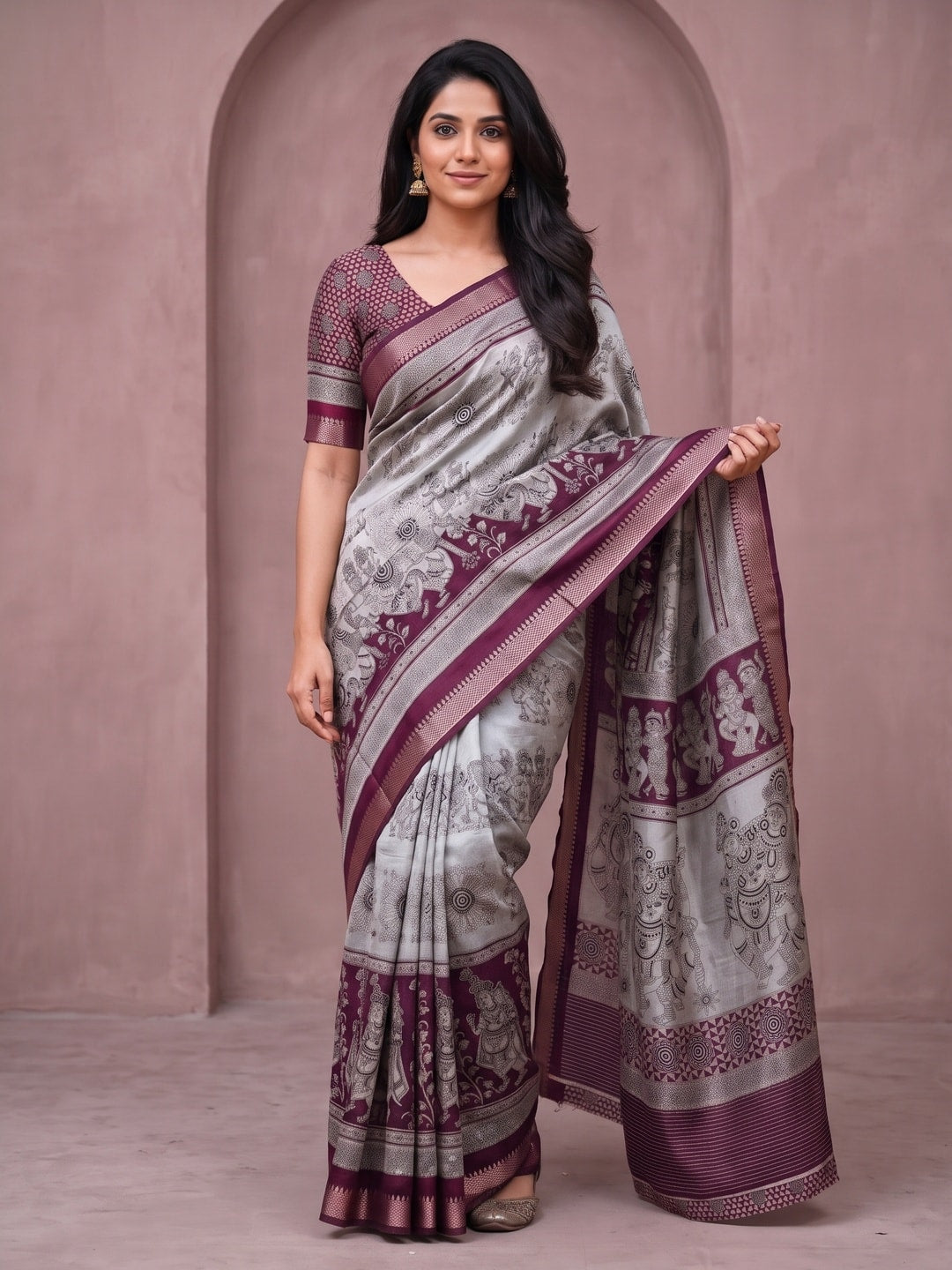 Peachmode Wine Maheshwari Silk Viscose Printed Saree With Zari Border And Kalamkari Pallu - Image 1
