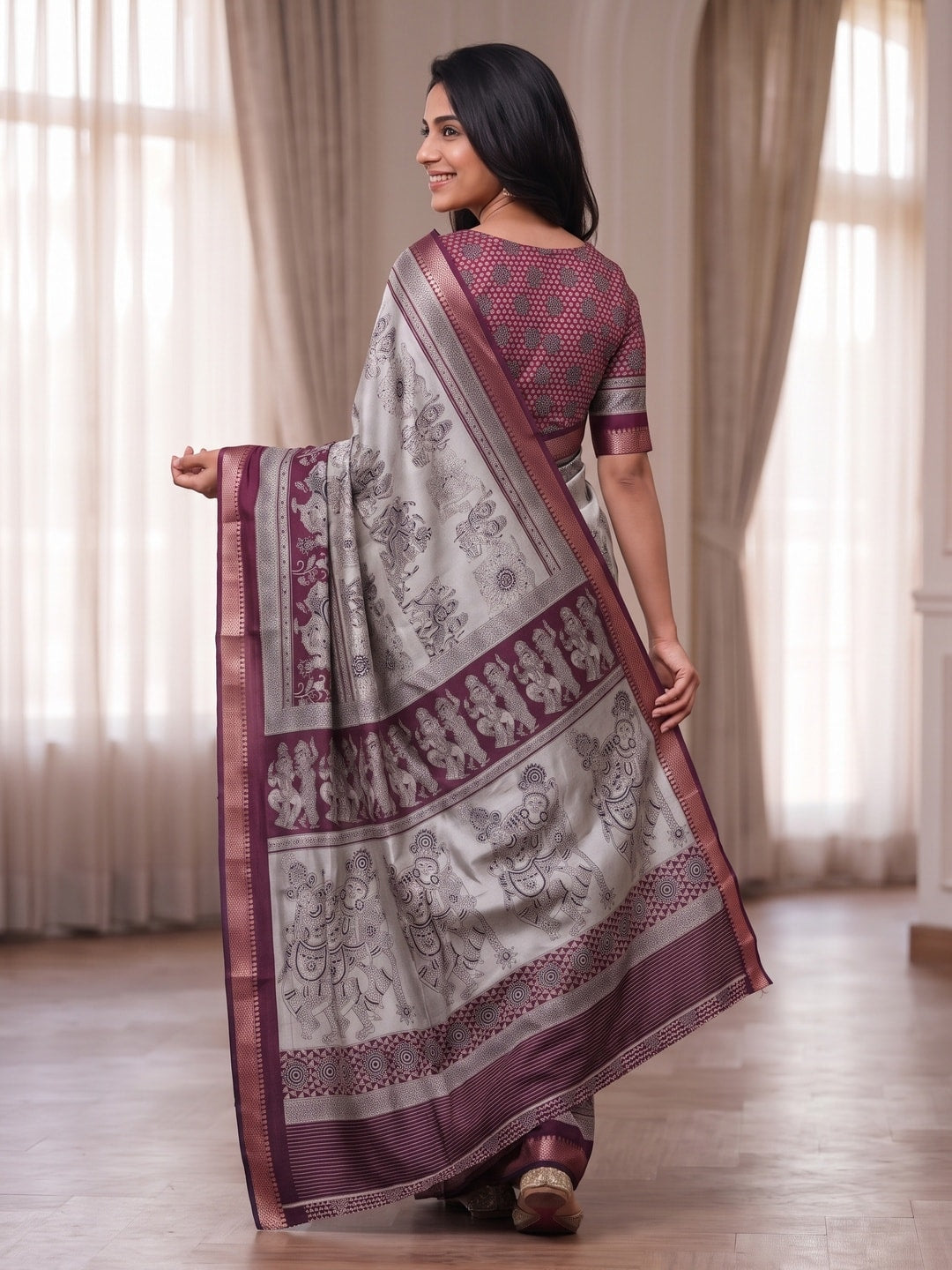 Peachmode Wine Maheshwari Silk Viscose Printed Saree With Zari Border And Kalamkari Pallu - Image 2