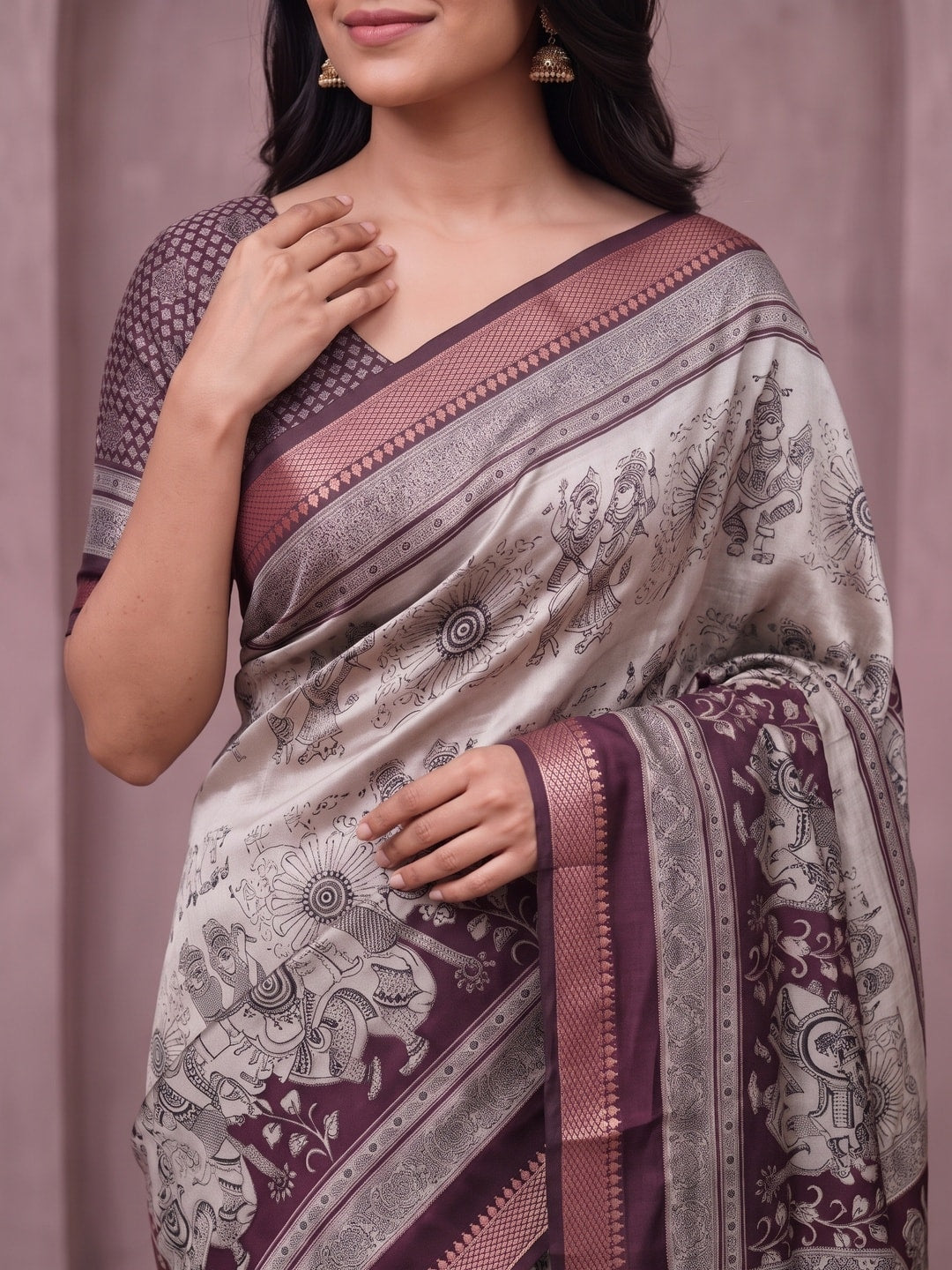 Peachmode Wine Maheshwari Silk Viscose Printed Saree With Zari Border And Kalamkari Pallu - Image 5