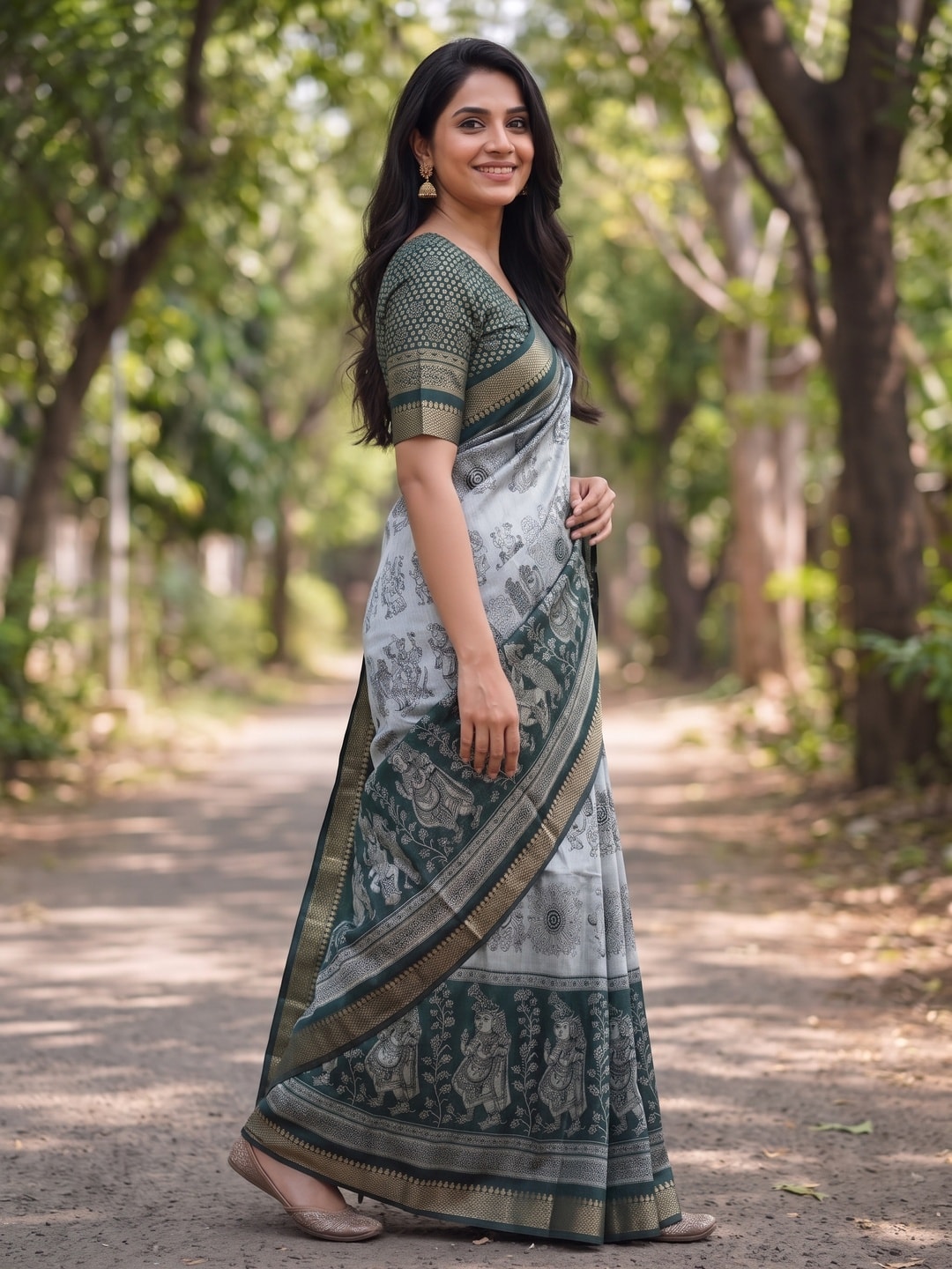 Peachmode Teal Maheshwari Silk Viscose Printed Saree With Zari Border And Kalamkari Pallu - Image 3