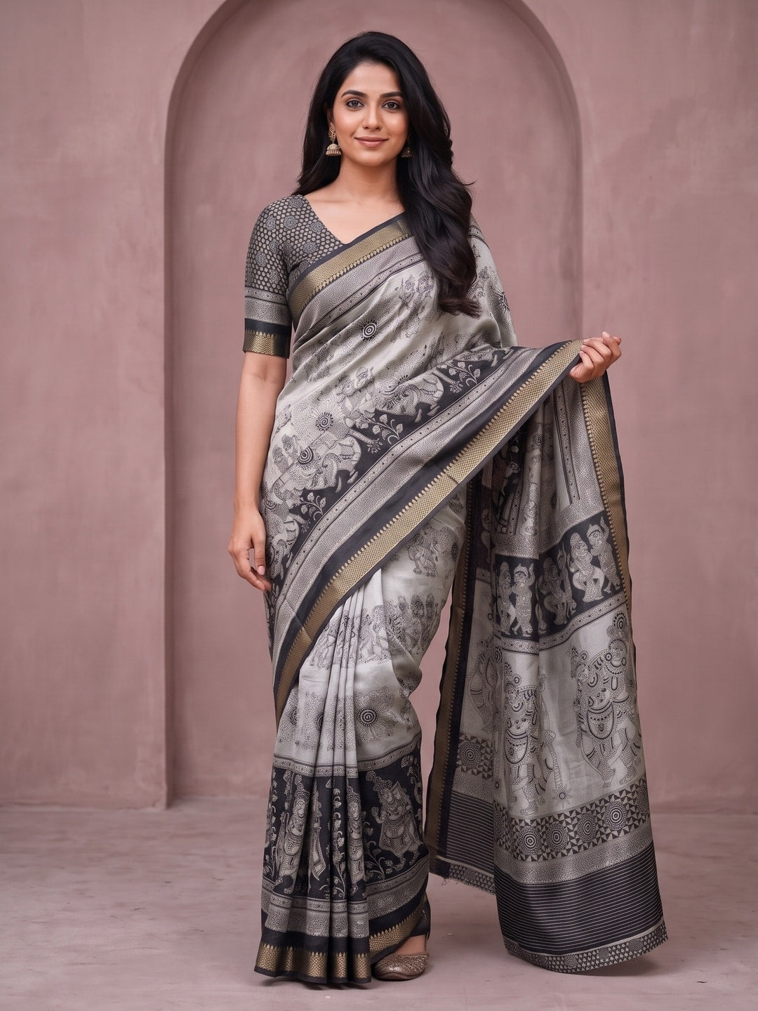 Peachmode Black Maheshwari Silk Viscose Printed Saree With Zari Border And Kalamkari Pallu - Image 1