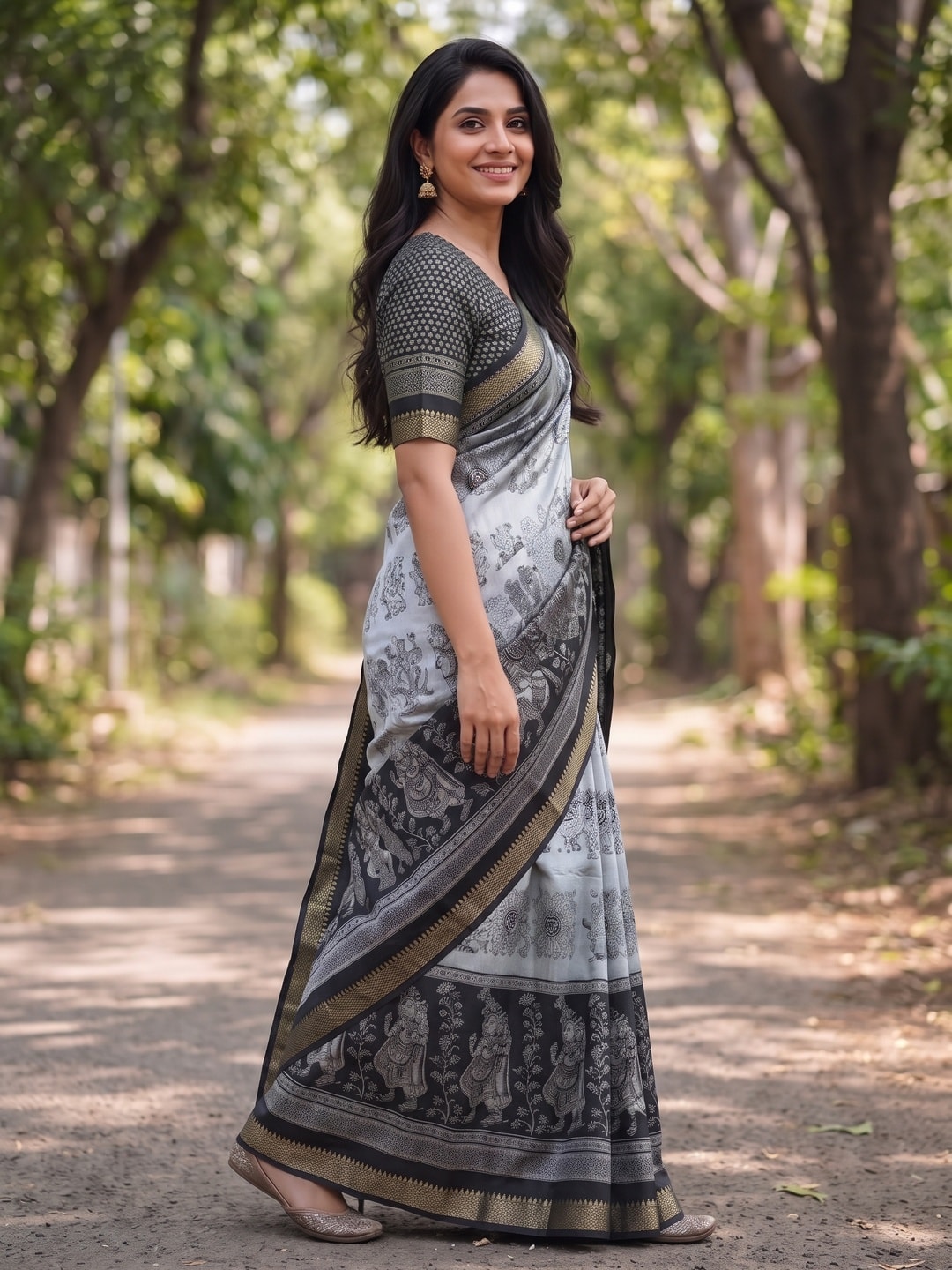 Peachmode Black Maheshwari Silk Viscose Printed Saree With Zari Border And Kalamkari Pallu - Image 3