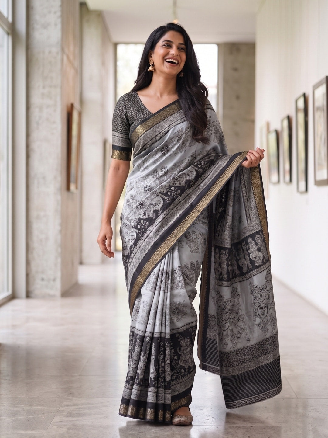 Peachmode Black Maheshwari Silk Viscose Printed Saree With Zari Border And Kalamkari Pallu - Image 4