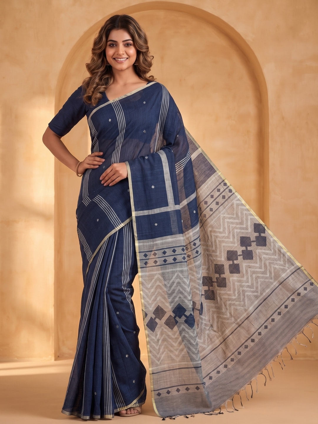 Peachmode Navy Pure Linen Weave Saree With Chennur Cotton Print And Thread Mirror Work With Tassels - Image 1