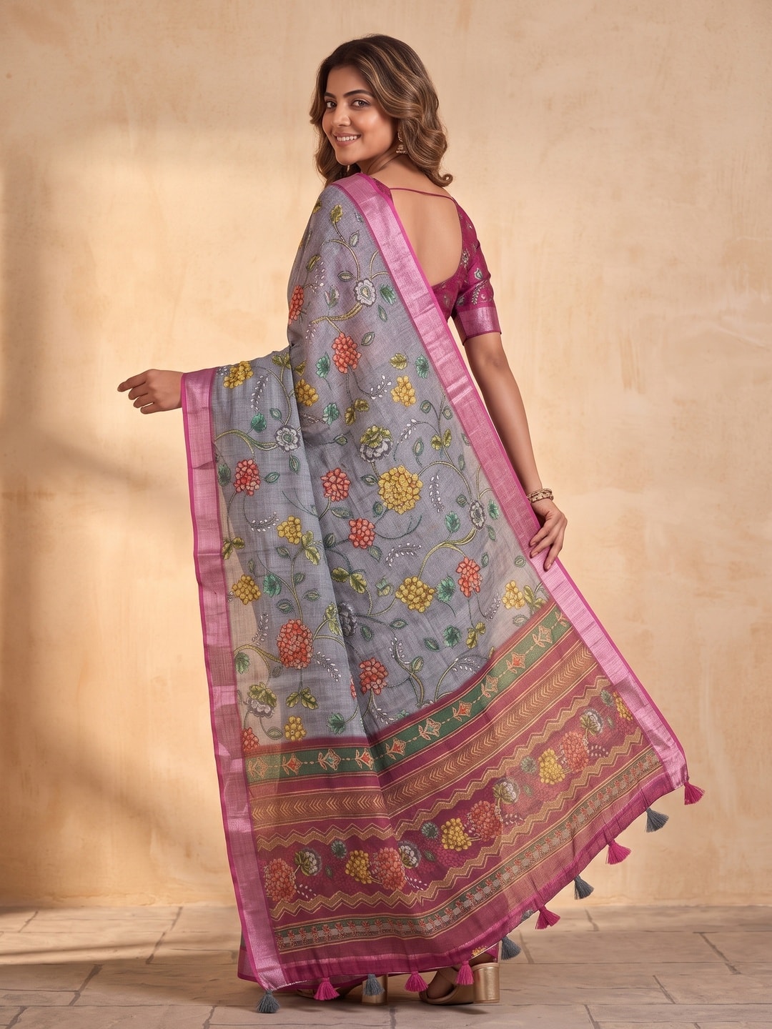 Peachmode Grey Pure Linen Weave Saree With Chennur Cotton Print And Thread Mirror Work With Tassels - Image 2